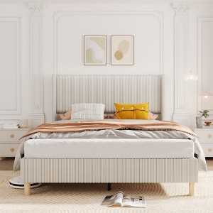 Bed Frame, Upholstered Platform Corduroy Bed Frame with Vertical Channel Tufted Headboard,  No Box Spring Needed - 1 of 4