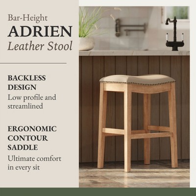 Weathered Oak Backless Saddle Barstool with Vegan Leather Seat