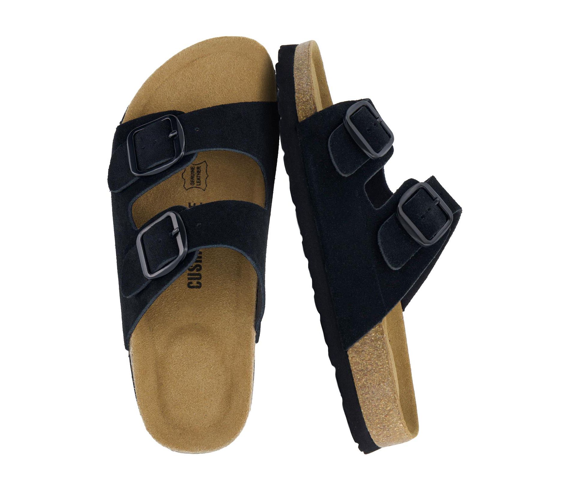 CUSHIONAIRE Logo 100% Genuine Leather Suede Slides for Women, Cushioned Cork Footbed Womens Sandals with Adjustable Buckles and Memory Foam