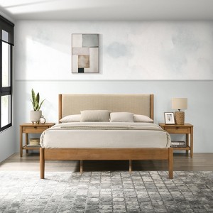 Roundhill Furniture Vichy 3-Piece Rubberwood Bedroom Set, Platform Bed with Two Nightstands - 1 of 4