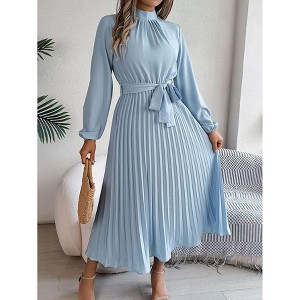 Women's Mock Neck Belted Pleated Midi Dress - Long Sleeve Flowy Swing Dress for Formal & Casual - 1 of 4