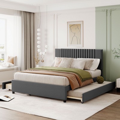 Upholstered Platform Bed with Storage & Twin Trundle - Classic Headboard