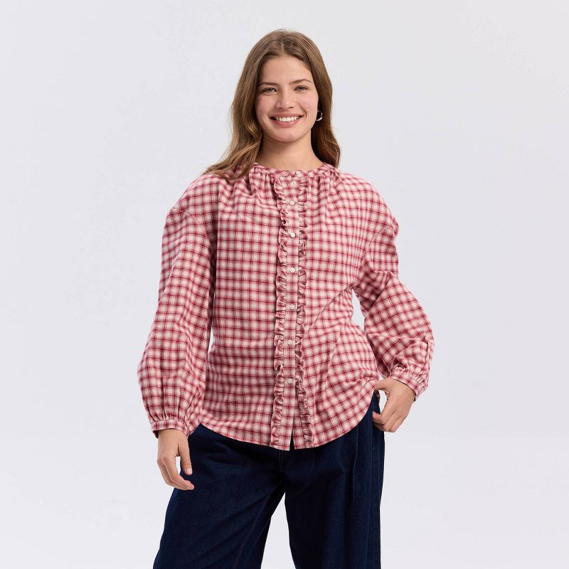 Women's Balloon Long Sleeve Button-Down Blouse - Universal Thread™ Burgundy Plaid XS