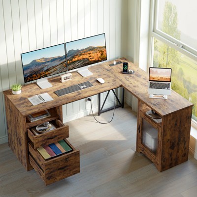 Bestier Farmhouse L Shaped Desk with Drawers, 63" Office Computer Corner Desk with Charging Station,Cabinet & Modesty Panel for Home Office, Rustic