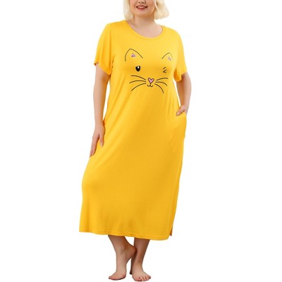 Agnes Orinda Women's Plus Size Soft Knit Cute Cat Print Short Sleeve Split Hem Pockets Midi Sleep Shirts Nightgowns