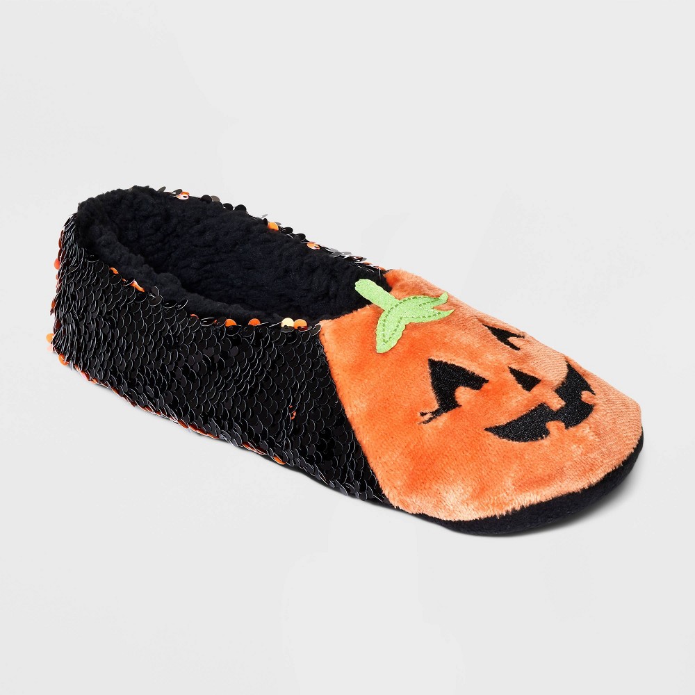 Women's Pumpkin Flip Sequin Pull-On Halloween Slipper Socks with Grippers - Hyde & EEK! Boutique™ Black/Orange M/L