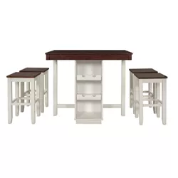 Farmhouse 5-pieces Counter Height Dining Sets Wood Table with 3-Tier Adjustable Storage Shelves, Wine Racks and 4 Stools-ModernLuxe