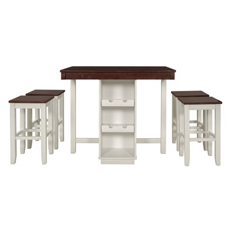 Farmhouse 5-pieces Counter Height Dining Sets Wood Table with 3-Tier Adjustable Storage Shelves, Wine Racks and 4 Stools-ModernLuxe - image 1 of 4