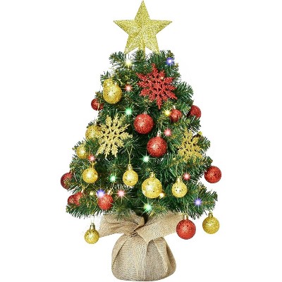 Luupatchy 24in Small Tabletop Artificial Xmas Tree with Lights, Star Treetop, Ornaments Balls, DIY Decorations - Green & Gold