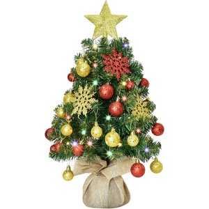 Luupatchy 24in Small Tabletop Artificial Xmas Tree with Lights, Star Treetop, Ornaments Balls, DIY Decorations - Green & Gold - 1 of 4