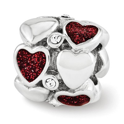 Black Bow Jewelry Sterling Silver, Red Glitter Enamel & Crystal Dbl Row Heart Bead Charm