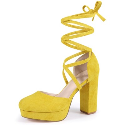 BLISSFUL STEP Women's Faux Suede Lace Up Platform Block Heel Pumps