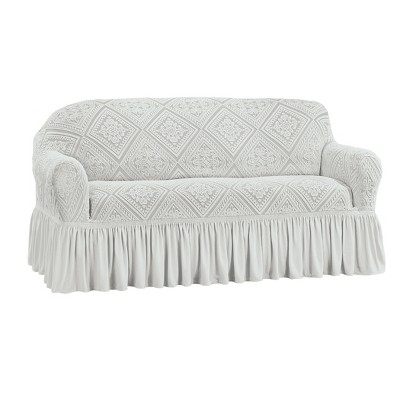 Collections Etc Stylish Trellis Design Ruffled Border Stretch Furniture Cover Loveseat Grey