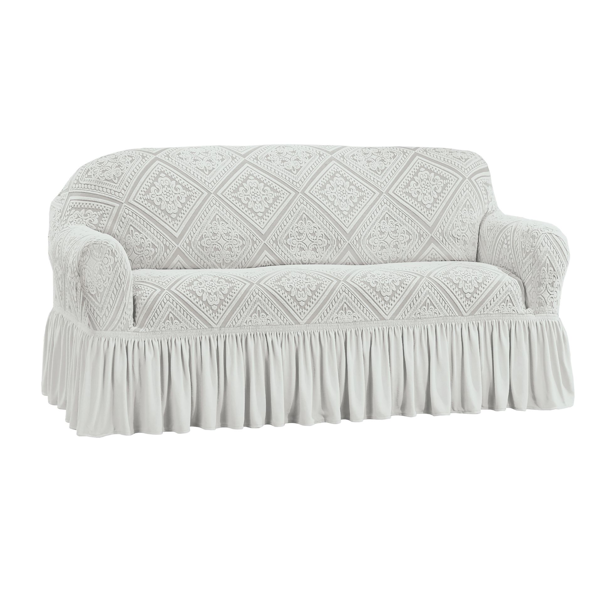 Collections Etc Stylish Trellis Design Ruffled Border Stretch Furniture Cover Loveseat Grey