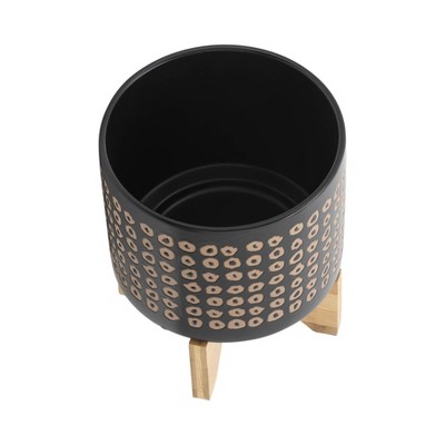 Modern Ceramic and Bamboo Planter Set, 8" x 11", in Rich Brown