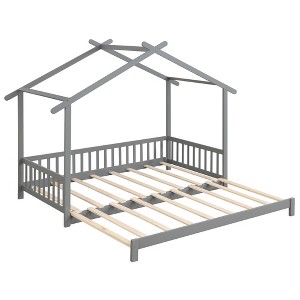 Tangkula Wooden House Bed Twin to King Daybed w/ Safety Rails & Decorable Roof - 1 of 4