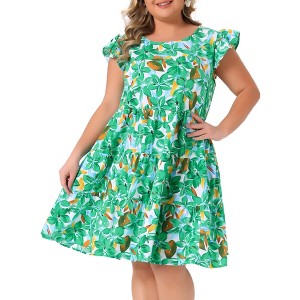 Agnes Orinda Women's Plus Size Boho Flutter Sleeves Round Neck Floral Ruffle Midi A Line Babydoll Dress - 1 of 4