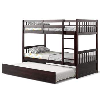Costway Twin Over Twin Bunk Bed with Twin Trundle Solid Wood Frame Espresso/White