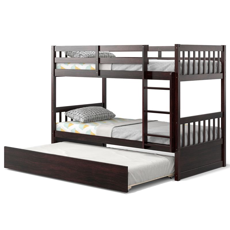 Costway Twin Over Twin Bunk Bed with Twin Trundle Solid Wood Frame Espresso/White, 1 of 11