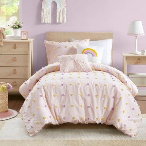 AENKYO Pom Pom & Rainbow Comforter Set, Twin Cotton Jacquard Kids Bedding with Embroidered Cloud Pillows, 4-Piece Cute Design - 1 of 4