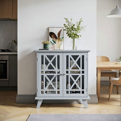 Resenkos Sideboard Buffet Cabinet - Kitchen Storage Cabinet with Double Fretwork Doors & Metal Handles, for Living Room, Gray