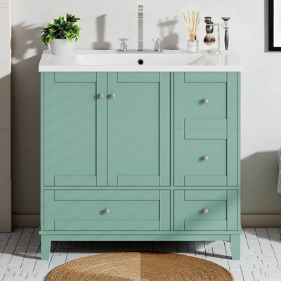 36" Modern Bathroom Vanity with Resin Sink, USB Charging, 2 Doors & 3 Drawers, Freestanding Storage Cabinet