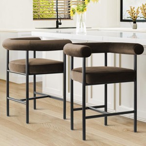 Set of 2 Velvet Bar Stools with Back and Arms, Modern Counter Height Chairs with Wide Seat and Metal Legs for Kitchen Island-Maison Boucle - 1 of 4