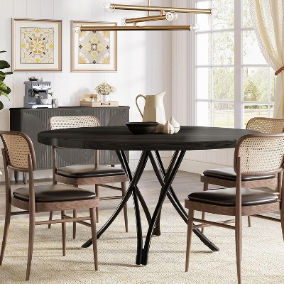 Modern Black Round Wood Dining Table with Metal Legs, 47-Inch