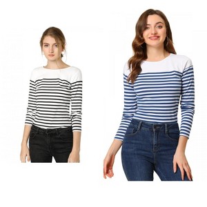 Allegra K Women's Color Block Round Neck Long Sleeves Striped Basic T-Shirt 2 Packs - 1 of 4