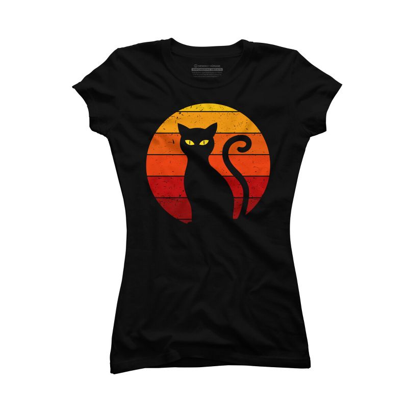 Junior's Design By Humans Vintage Retro Sunset Halloween Black Cat I By lemonpepper T-Shirt, 1 of 4