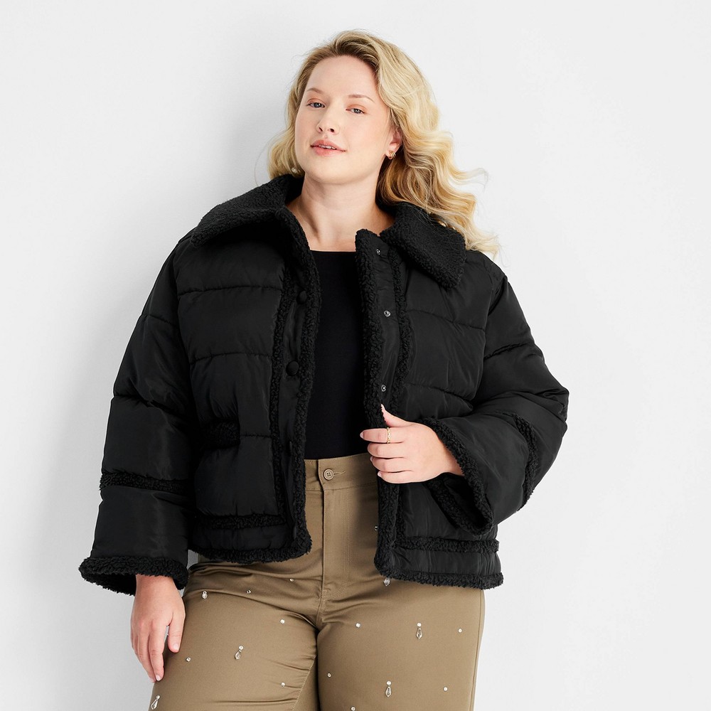 Women's Shearling Trim Button-Front Puffer Jacket - Future Collective Black 2X