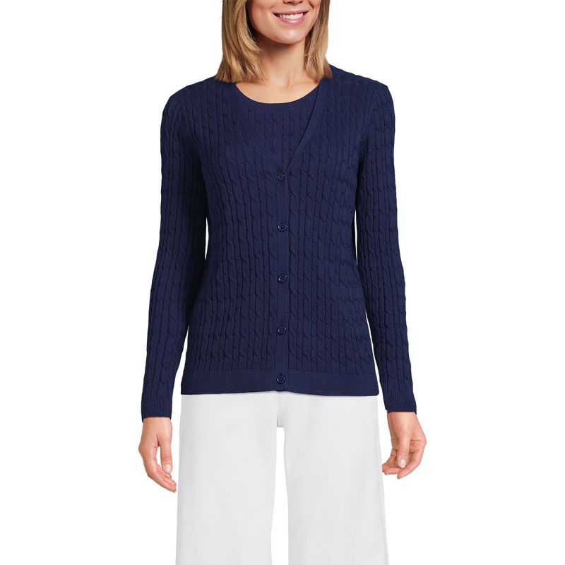Lands' End Women's Fine Gauge Cotton VNeck Cable Cardigan Sweater, 1 of 4