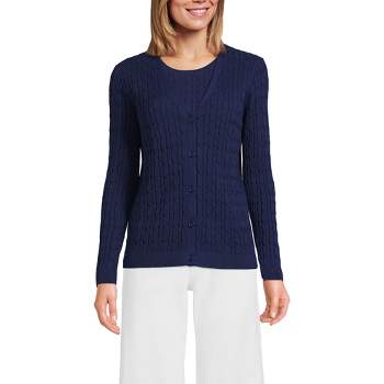 Lands' End Women's Fine Gauge Cotton VNeck Cable Cardigan Sweater