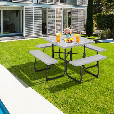 Gray HDPE Outdoor Square Picnic Table with 4 Benches and Umbrella Hole