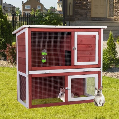 FURNIinspire Pet Crates and Houses Wood Rabbit Hutch, Pet Playpen with 2 Stories, Pull-out Tray, Water Bottle, Multicolored, 35.43"*17.91"*31.69"