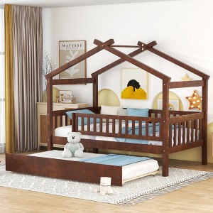 PAGED Twin Size House Shaped Bed Simple Modern Wooden Bed Frame with Headboard and Twin Size Trundle for Bedroom - 1 of 4