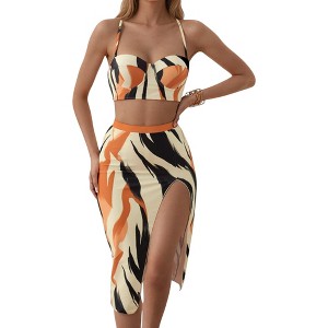 Anna-Kaci Swim Women's Three-Piece Swimsuit Set with Bikini Top High Waist Bottom and Matching Side Slit Skirt Cover-Up - 1 of 4