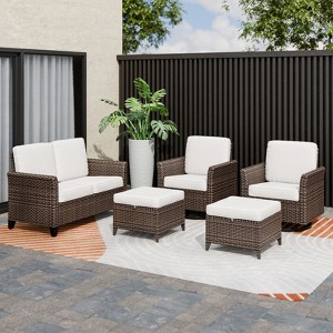 EAGLE PEAK Ocean Vista 5 piece Patio Variated Brown Wicker Conversation Set Swivel Chairs, Loveseat - 1 of 4