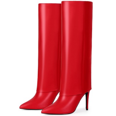 BLISSFUL STEP Women's Fold Over Pointed Toe Zipper Stiletto Heel Knee-High Boots