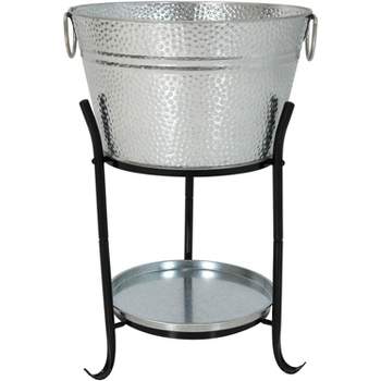 Sunnydaze Pebbled Texture Galvanized Steel Ice Bucket Beverage Holder and Cooler with Stand and Tray