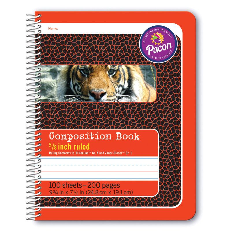 Pacon Primary Composition Book, Spiral Bound, D'Nealian/Zaner-Bloser, 5/8" x 5/16" x 5/16" Ruled, 9-3/4" x 7-1/2", 100 Sheets, 1 of 2