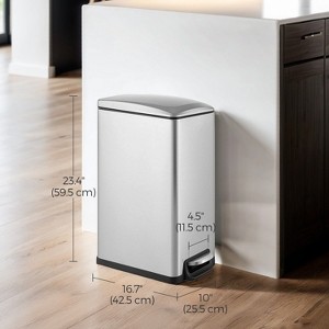 Slim Trash Can, 12.7-Gal (48 L) Garbage Can for Narrow Spaces with Soft-Close Lid, Stainless Steel, 15 Trash Bags Included - 1 of 4