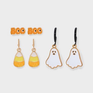 Halloween Ghost "Boo" Candy Corn Stud and Hoop Earring Set 3pc - Orange/Yellow - 1 of 3