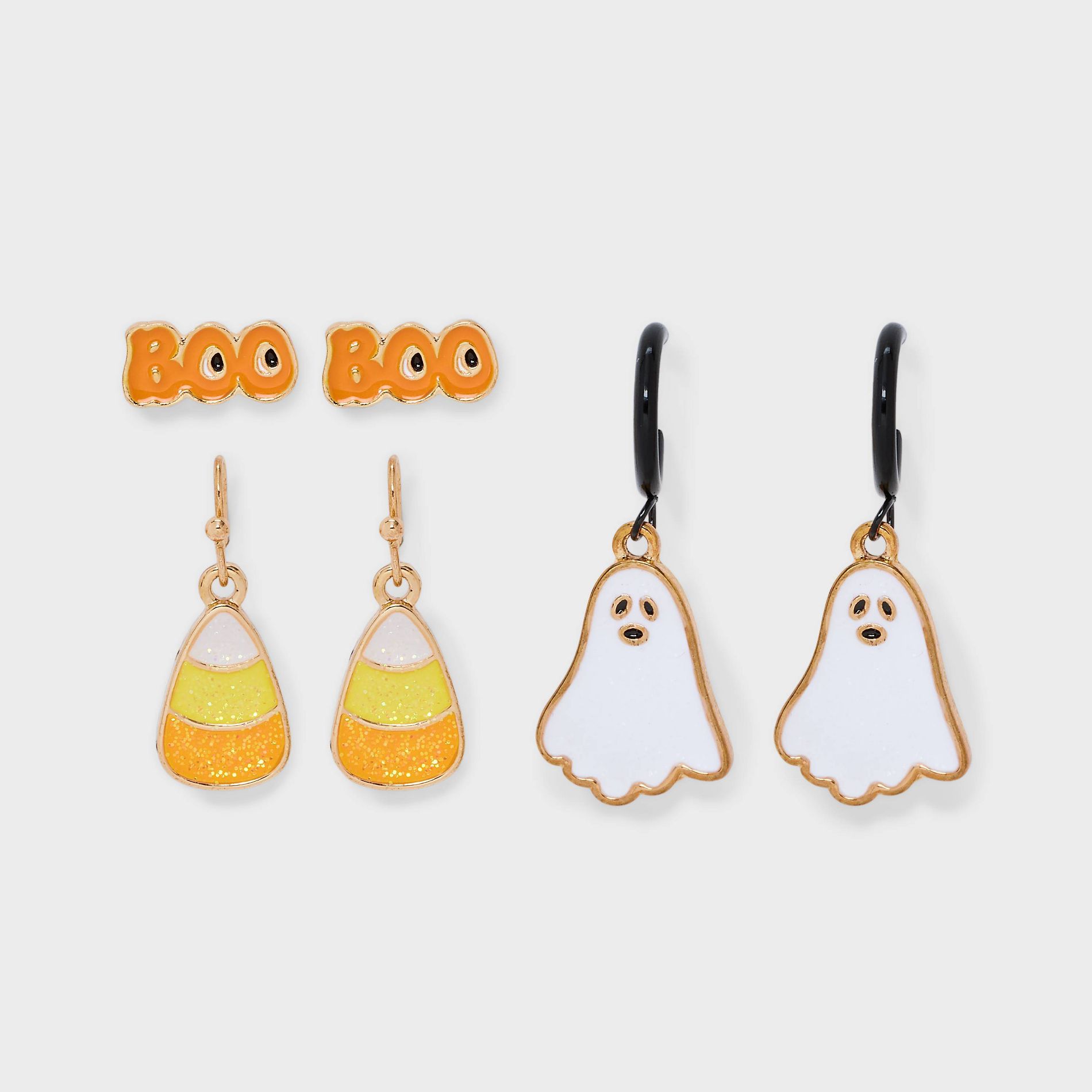 Halloween Ghost "Boo" Candy Corn Stud and Hoop Earring Set 3pc - Orange/Yellow