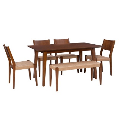 6pc Clara Dining Set With Rope Seat Chairs And Bench Brown - Powell ...