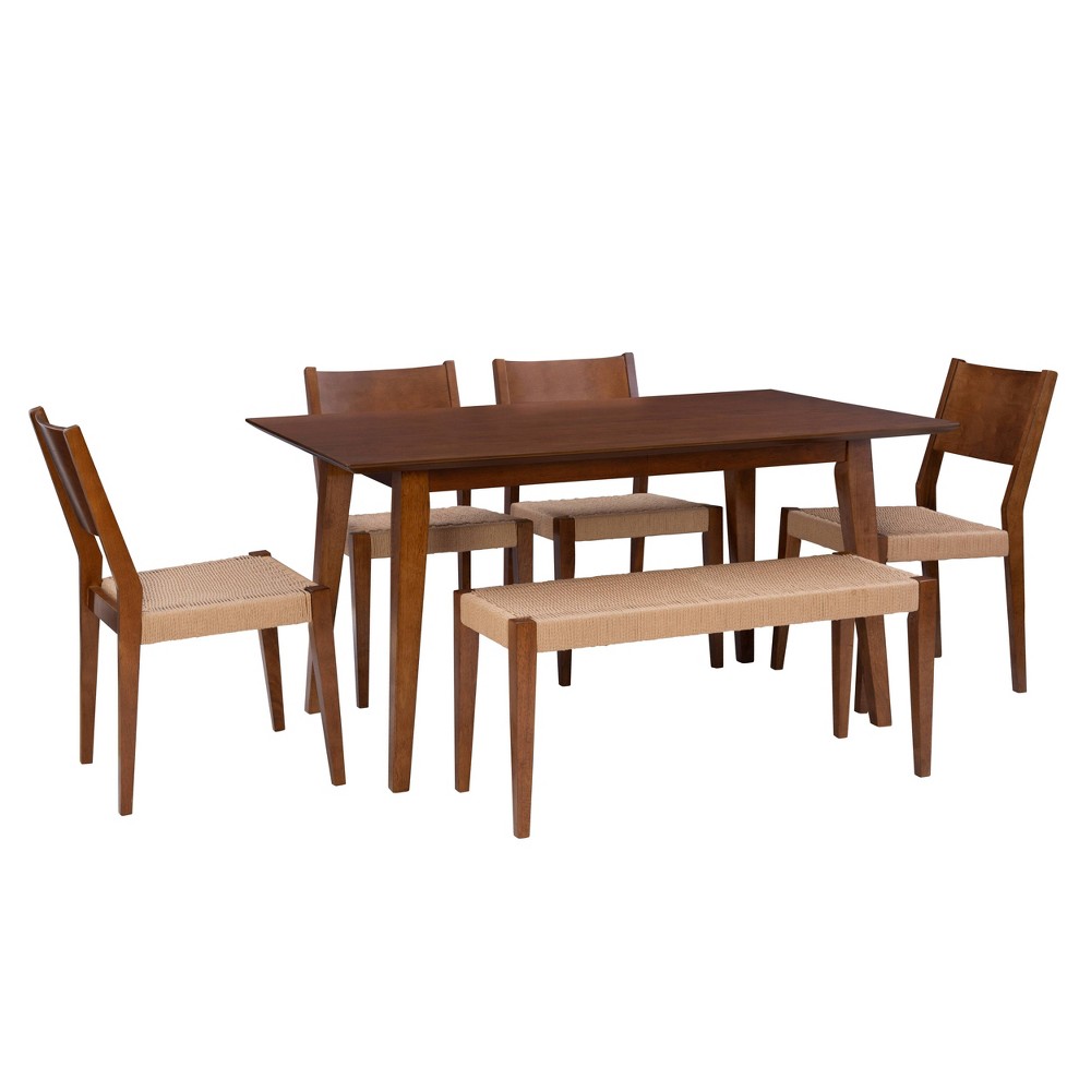 Photos - Dining Table 6pc Clara Dining Set with Rope Seat Chairs and Bench Brown - Powell: Mid-C