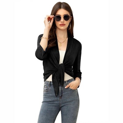 WhizMax Women's Casual 3/4 Sleeve Tie Open Front Cardigans Sheer Draped Ruffles Cardigan