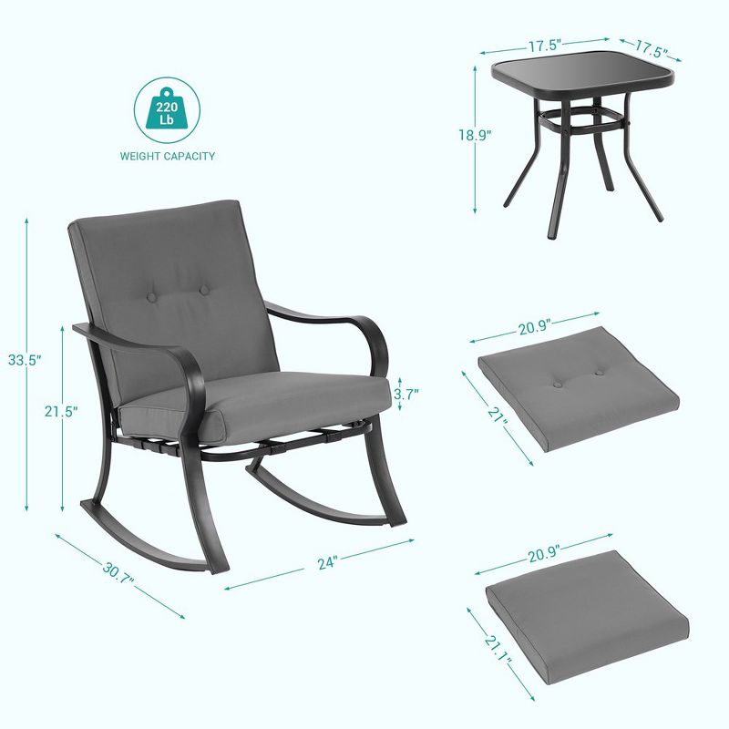 Sonkuki 3 Pieces Patio Rocking Bistro Set with Glass Table, 3 of 9