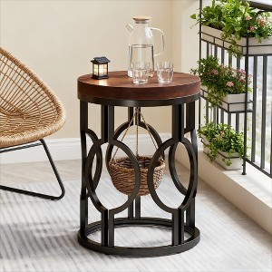 Gulches Industrial Round End Table, Rustic Brown Small Side Table with Metal Hollow Frame, Easy Assembly Nightstand - 1 of 4