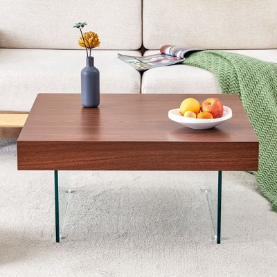 CAVINAS 31.5" Walnut Square Coffee Table,Tea Table with Tempered Glass Legs,Walnut Texture MDF Tabletop,Center Tablel for Living Room,Office,Apartment